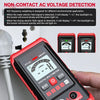 A red digital multimeter is shown next to an electrical plug, illustrating non-contact AC voltage detection features.