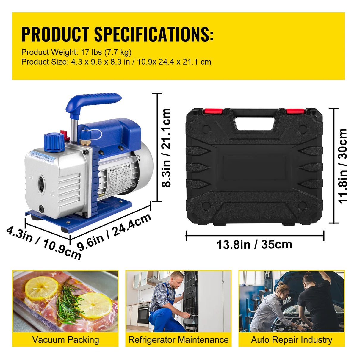 A vacuum pump kit for refrigeration featuring a motor, hose, and storage case with various applications.