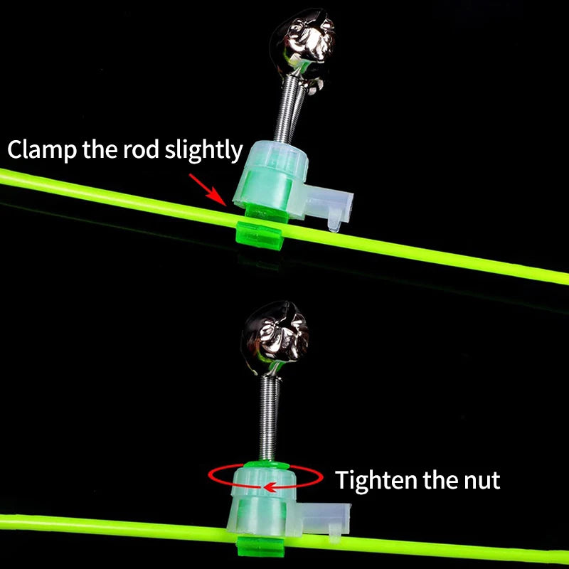 Diagram showing how to clamp a rod slightly and tighten the nut for fishing bite alarm bells
