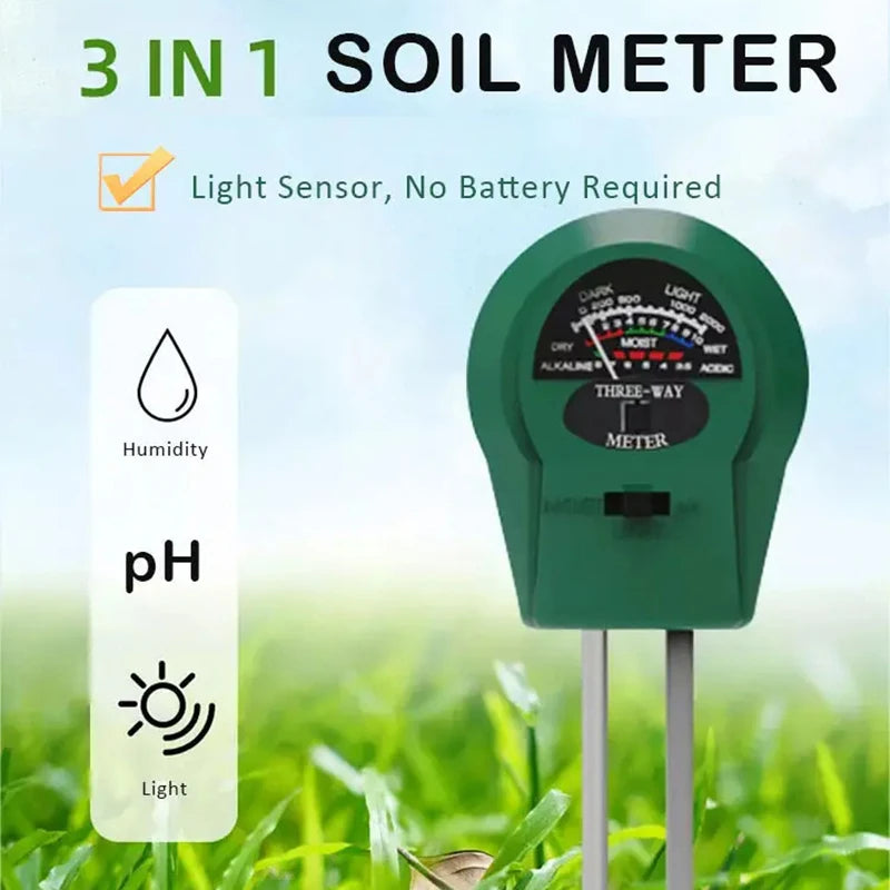 A green 3-in-1 soil meter with a light sensor and pH indicator is shown in a grassy field.