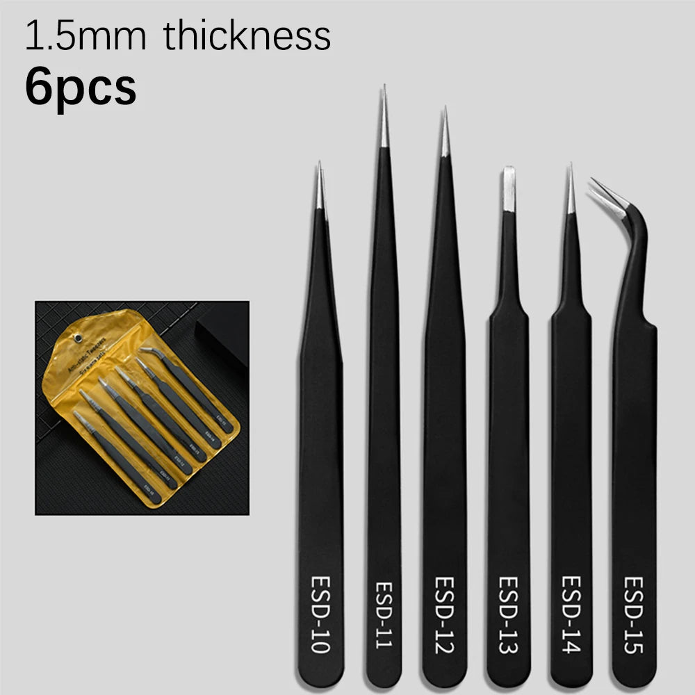 A set of six 1.5mm thick ESD anti-static tweezers with black handles and silver tips.