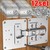 A set of stainless steel cabinet hinge mounting plates and hardware for installation.