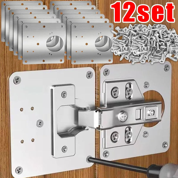 A set of stainless steel cabinet hinge mounting plates and hardware for installation.