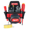 A red and black utility tool pouch with a magnetic belt clip and various tools inside.