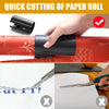 A hand uses a black sliding wrapping paper cutter to quickly cut a roll of red paper.