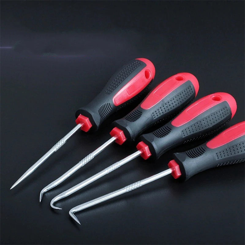 A set of multi-angle car repair hooks with black and red handles and silver tips.
