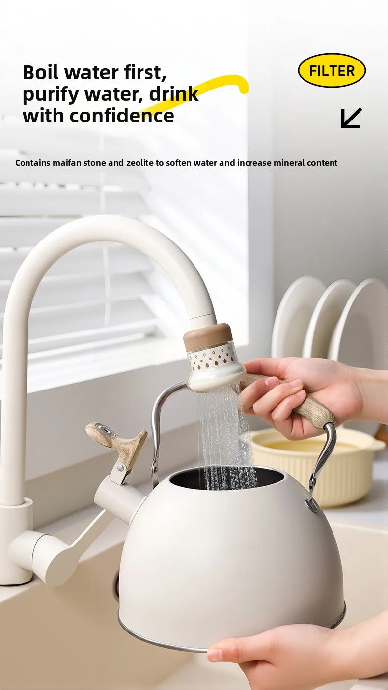 A person is using an extendable tap filter sprayer to purify water, with water flowing from the device into a sink.