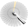 A stainless steel dual marked feeler gauge set showing various thickness measurements radiating from a central point.