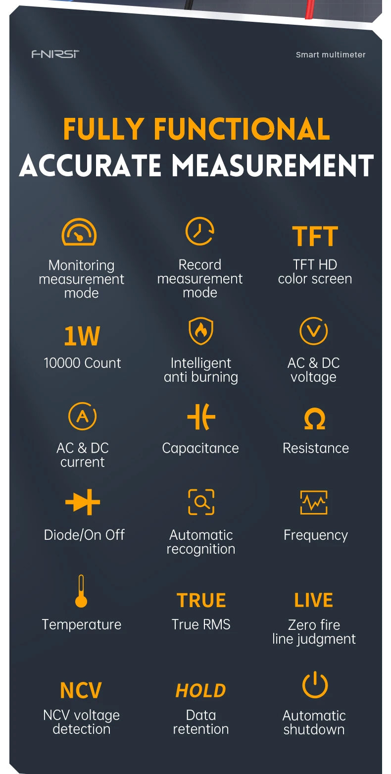 A digital multimeter displaying various measurement modes and features including current, voltage, resistance, frequency, and