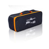 A black nylon storage bag with an orange stripe and a rope logo on it.