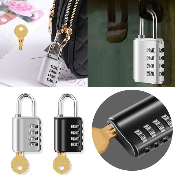 A set of heavy duty combination locks in silver and black, including a padlock and a key.