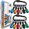 A set of 12 hexagonal screwdriver bits and a socket bit holder keychain extension bar in various colors