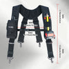 Black heavy-duty tool belt suspenders with a phone holder displayed against a light background.