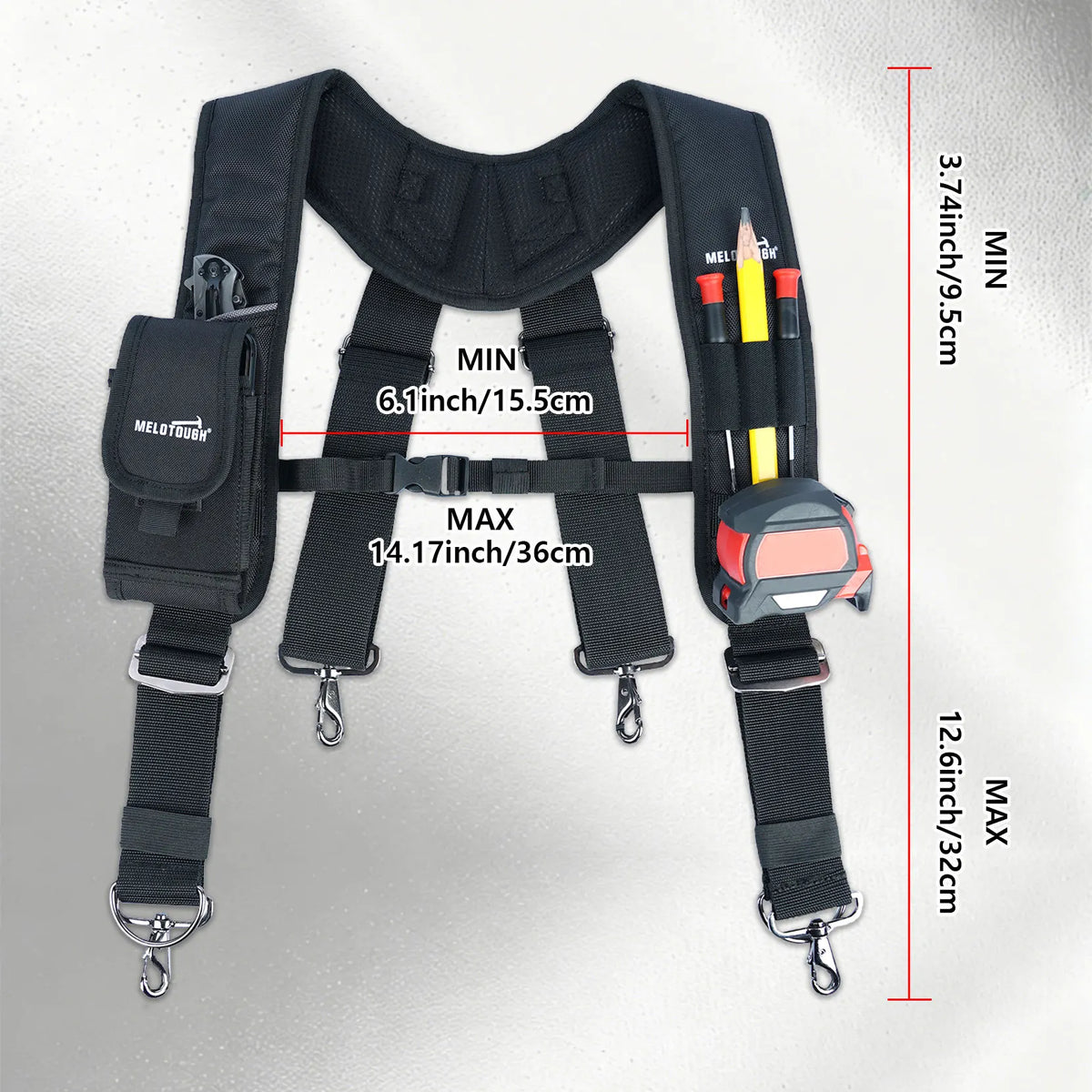 Black heavy-duty tool belt suspenders with a phone holder displayed against a light background.