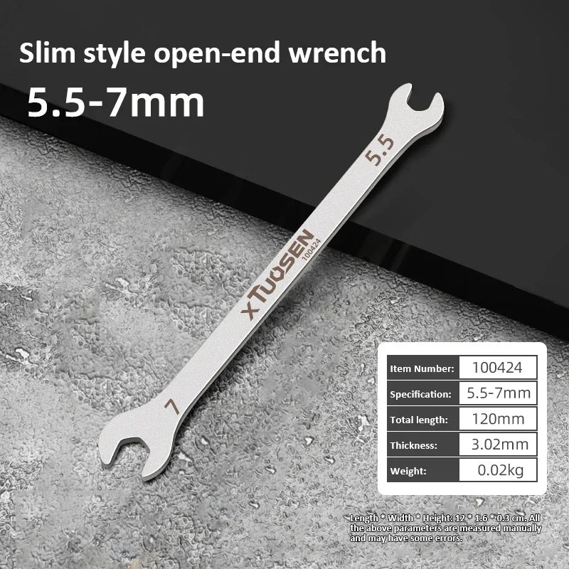 A silver slim style open-end wrench measuring 5.5-7mm, shown against a gray background.
