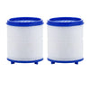 Two white cylindrical filters with blue lids and mesh openings for a 360° rotating water filter.