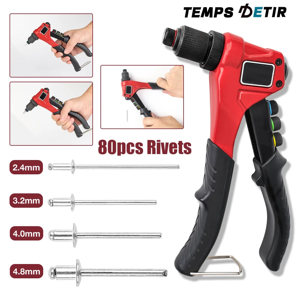 A red TEMPS DETIR manual rivet gun kit showing various interchangeable rivet heads and the tool itself.