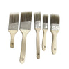 A set of five professional paint brushes with light wooden handles and silver metal ferrules.