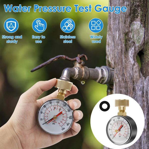A hand holds a water pressure test gauge connected to a faucet, demonstrating its use for testing water pressure.
