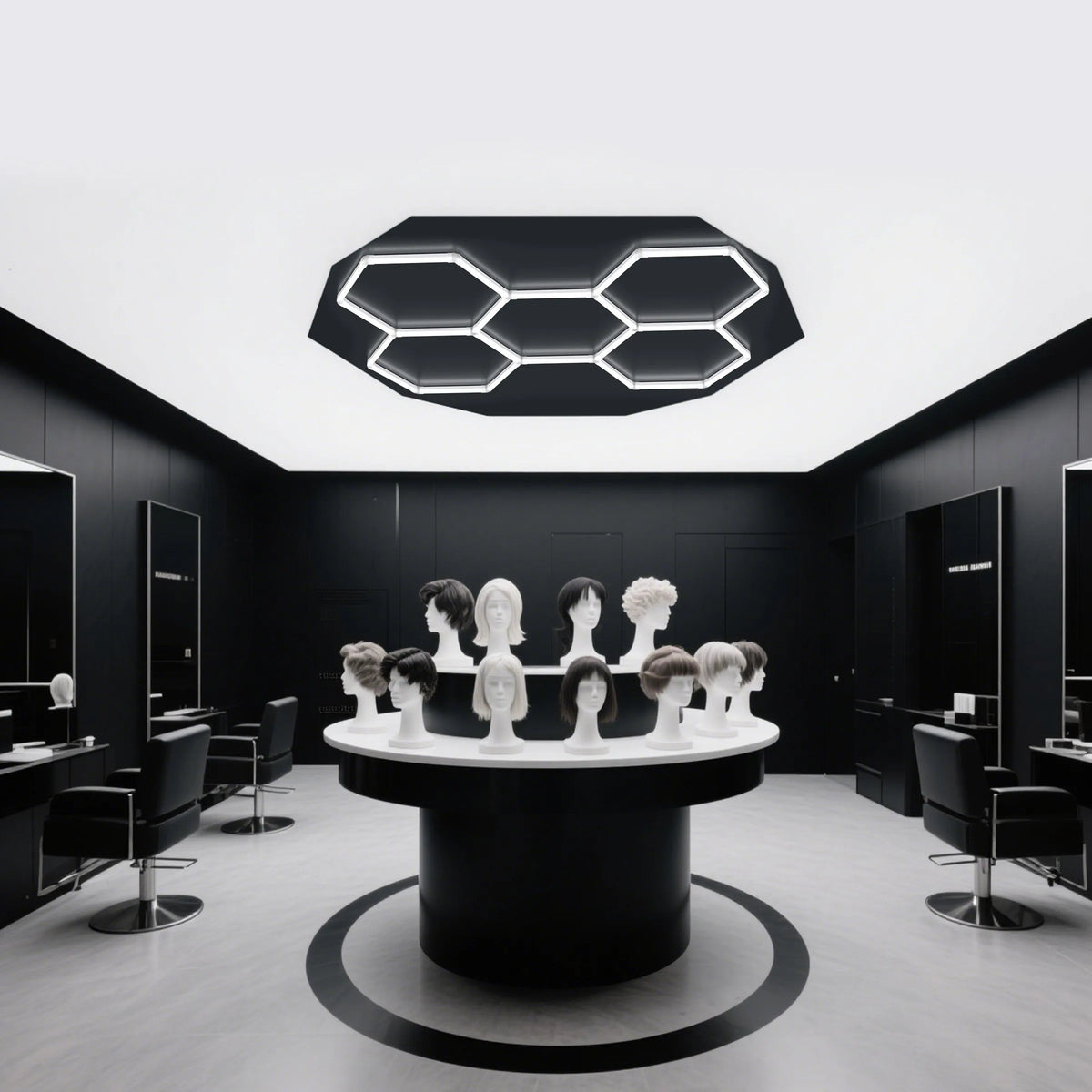 A modern salon interior featuring a hexagonal LED ceiling light fixture above a circular counter.
