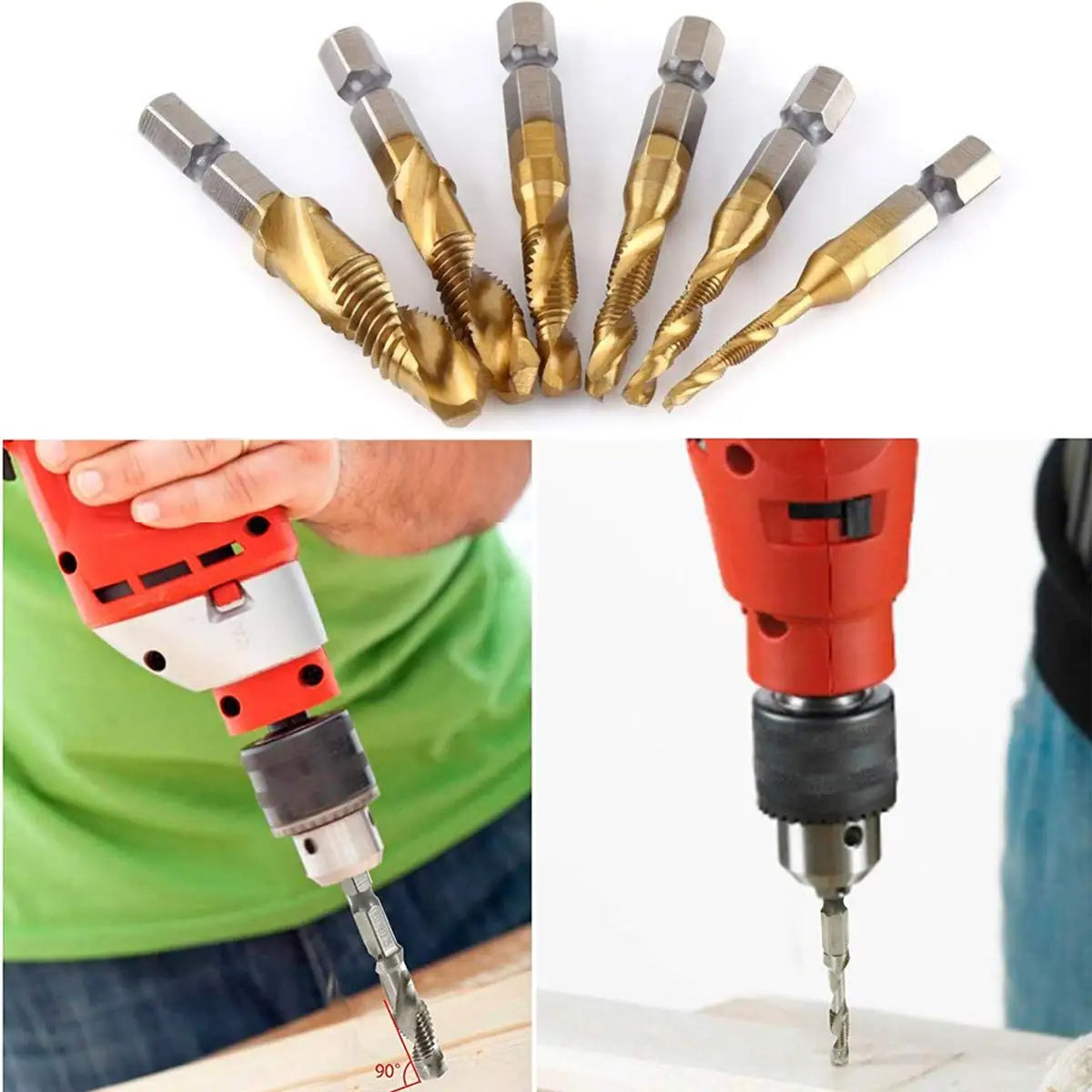 A set of hex shank titanium coated tap and drill bits shown alongside a hand using a power tool to drive a bit.