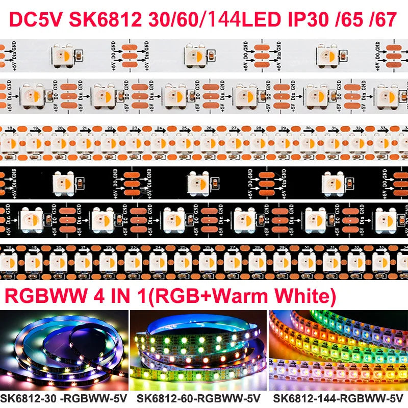 SK6812-30-RGBWW-5V and SK6812-60-RGBWW-5V addressable RGBW LED strip lights