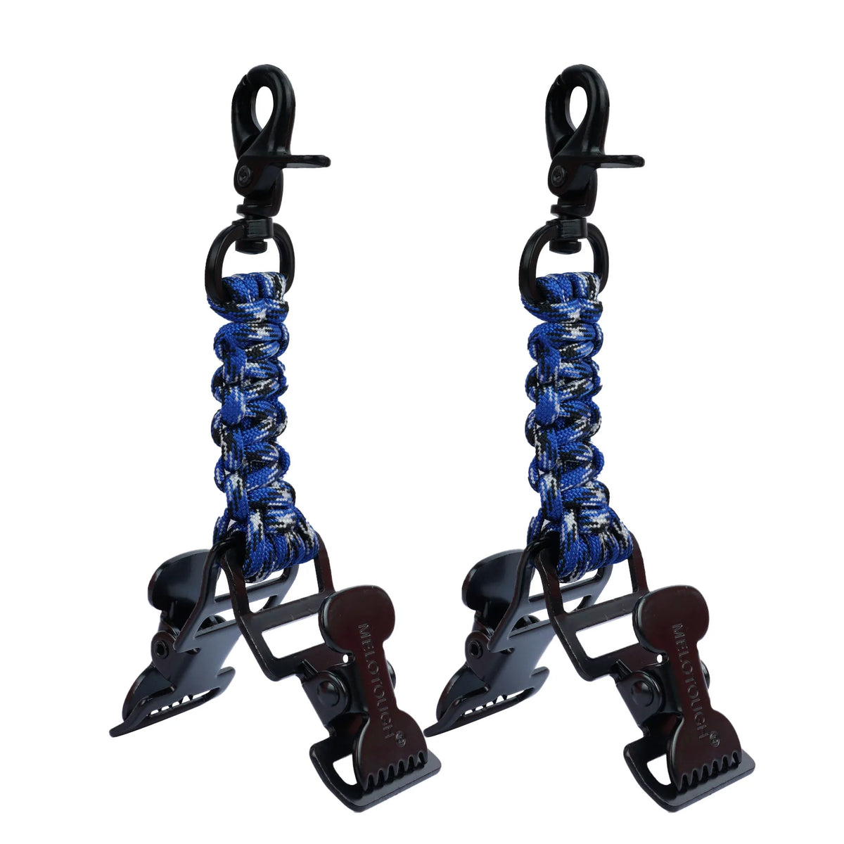 A pair of black tactical glove clips with blue cord accents for tool belts