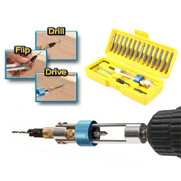 A yellow plastic case containing a set of drill bits and screwdrivers for various tasks.