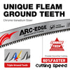 Close-up of an ARC-EDGE fleam ground tooth saw blade made of chrome vanadium steel for advanced pruning.