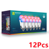 A box containing 12 packs of smart LED bulbs with white and multi-colored light visible.