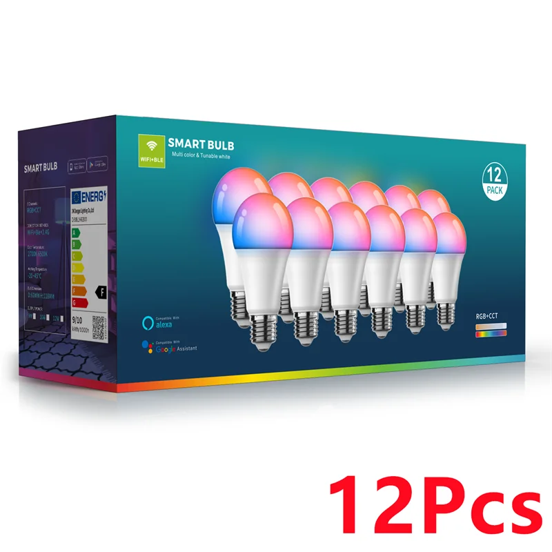 A box containing 12 packs of smart LED bulbs with white and multi-colored light visible.