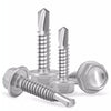 A set of heavy-duty self-drilling hex screws with sharp points and threaded shafts.