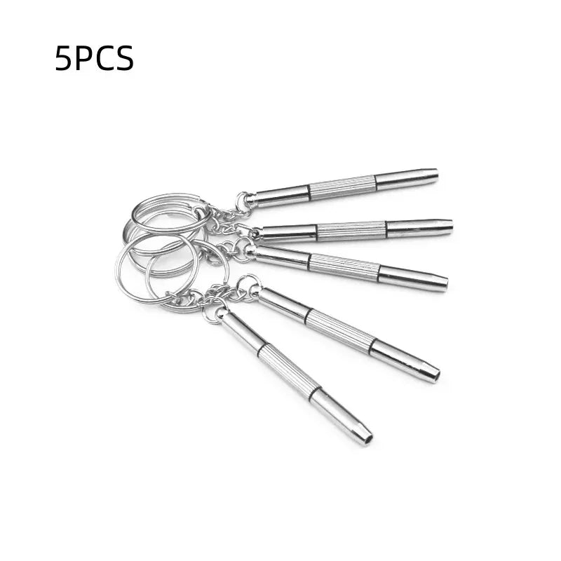 A set of five precision multi-purpose screwdriver tools for eyeglass repair.