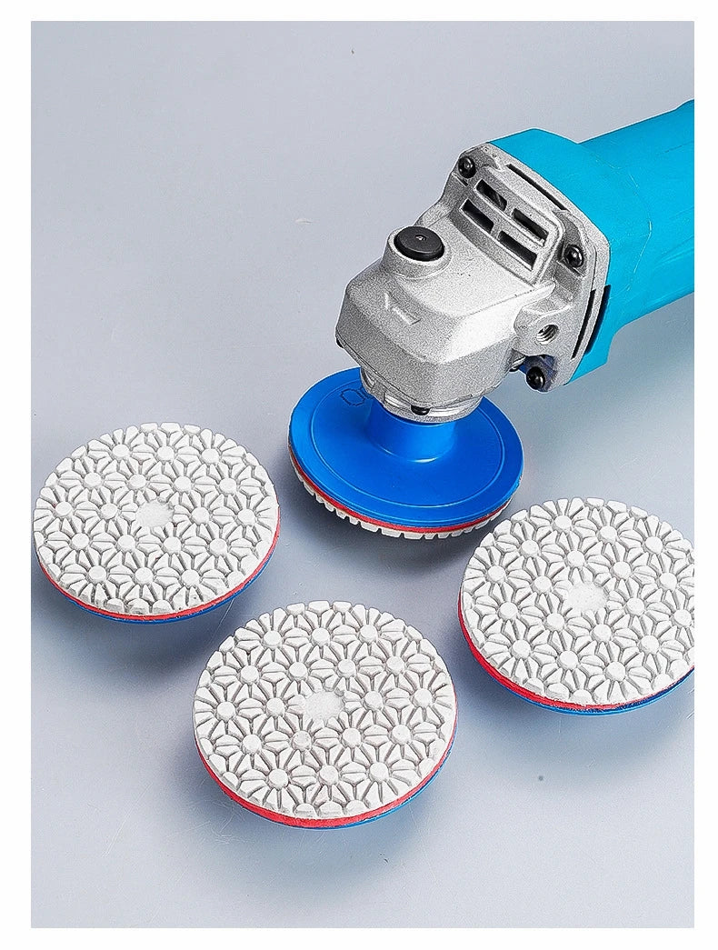 A set of integrated stone trimming polishing discs and a blue power tool attachment.