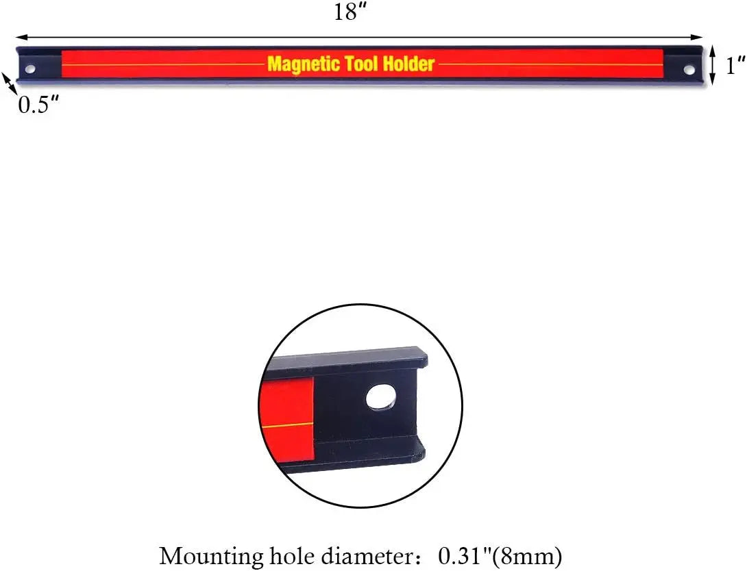 A magnetic tool holder bar with a mounting hole for organizing tools.
