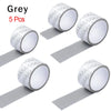 Five rolls of grey reusable window repair tape for mosquito screens shown in various angles