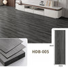 Close-up view of dark gray wood grain floor tiles and a sample piece showing the texture.