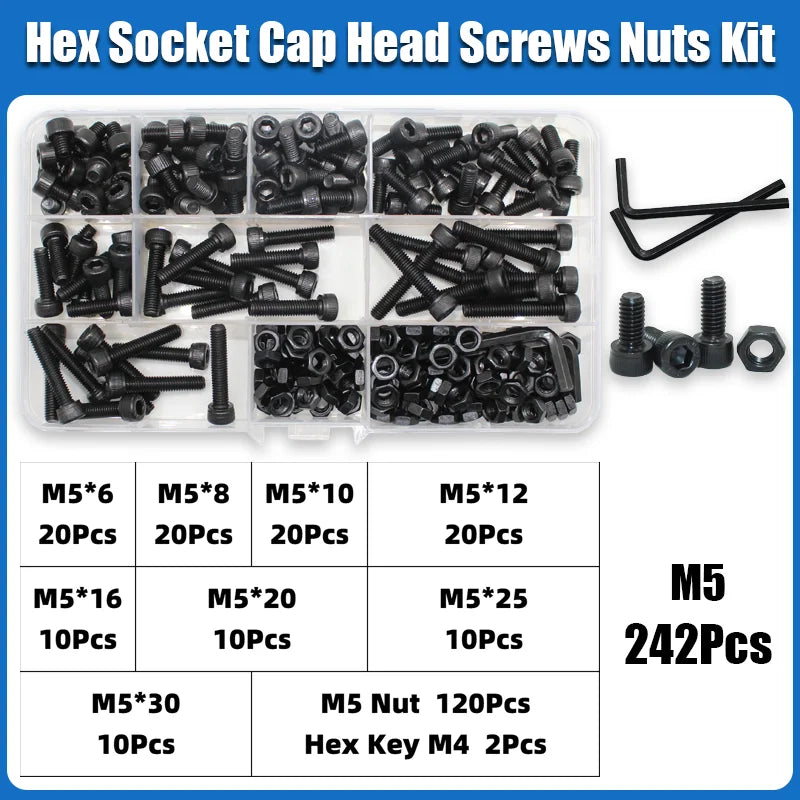 A plastic kit containing various M5 hex socket head screws and nuts in different sizes and quantities.
