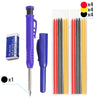 A set of precision carpenter pencils in purple and blue with refills, showing four black and four yellow pencils.