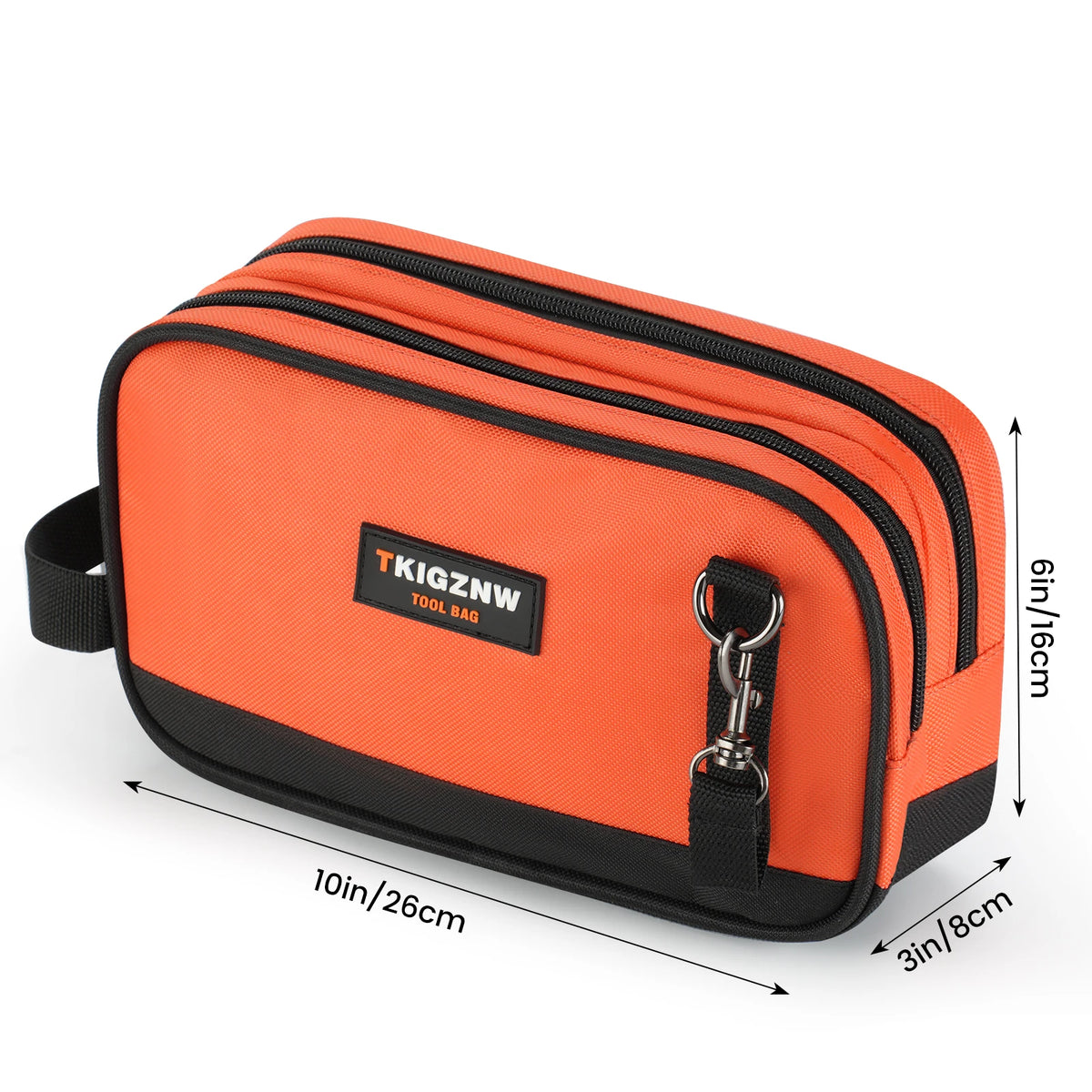 Orange canvas tool bag with black trim and zipper, showing dimensions.
