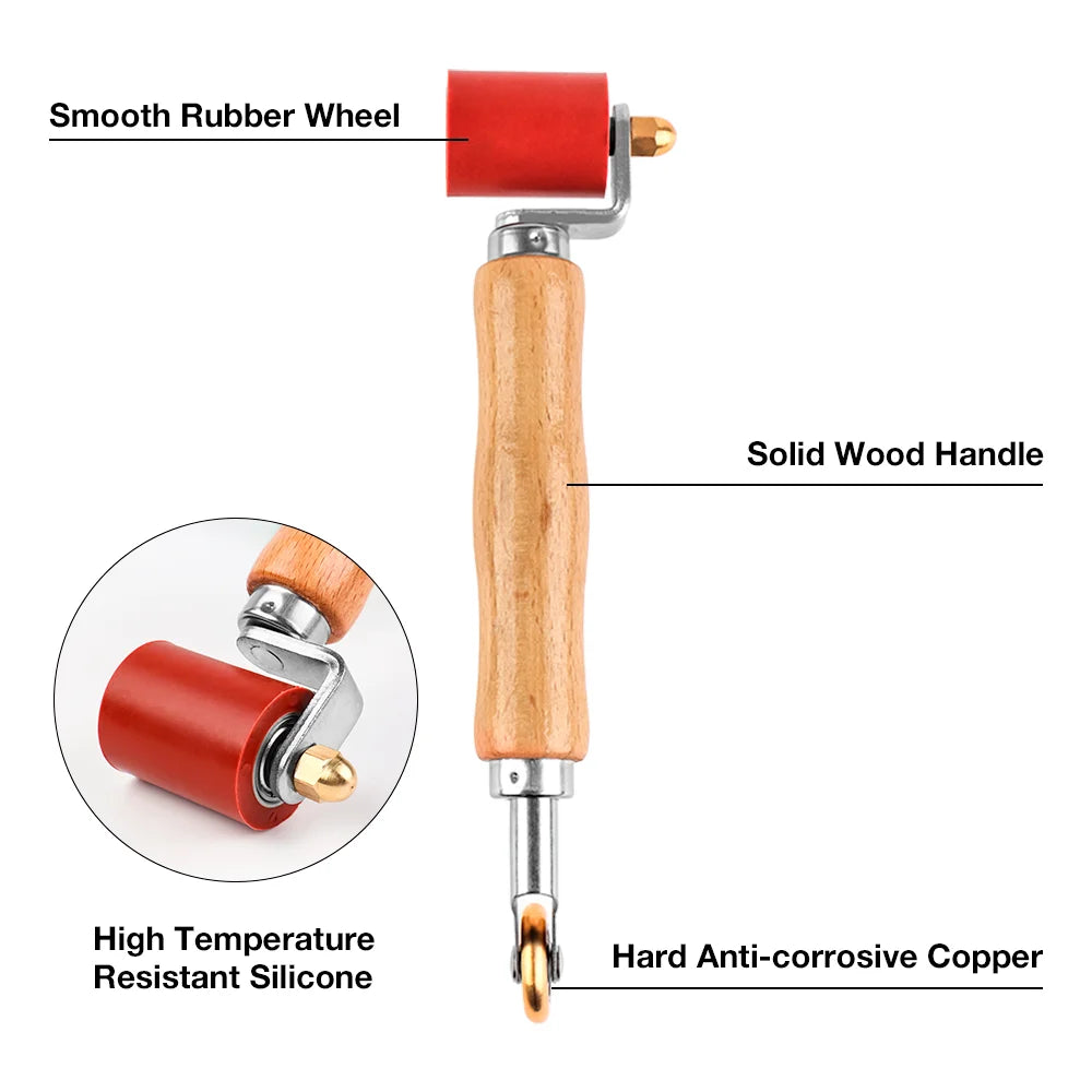 A wooden handle tool with a smooth rubber wheel and a hard anti-corrosive copper tip.