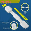 White adjustable child safety lock featuring a flexible strap and a sliding button for one-hand operation