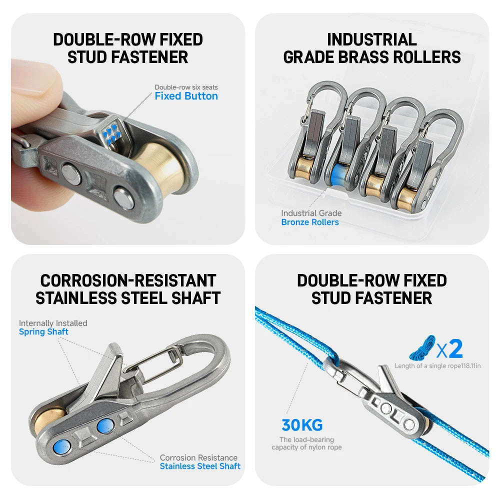 Set of heavy-duty drawstring rope with locking tensioners, including double-row fixed stud fasteners and brass rollers