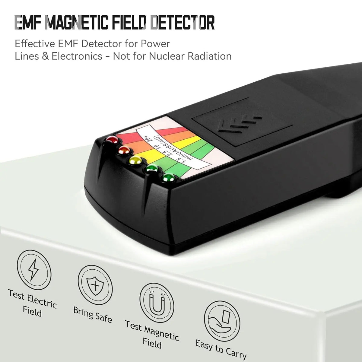 A black portable EMF magnetic field detector device shown on a white box with features listed.
