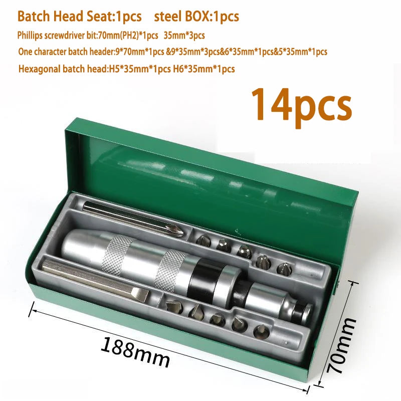 A green box containing 14 precision impact screwdriver bits and heads for various tasks.