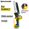 A yellow and black Dewalt high-power brushless chainsaw with an 8 inch blade and lubrication system.