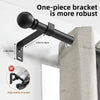 A matte black, one-piece, heavy-duty bracket is shown attached to a curtain rod, emphasizing its robustness.