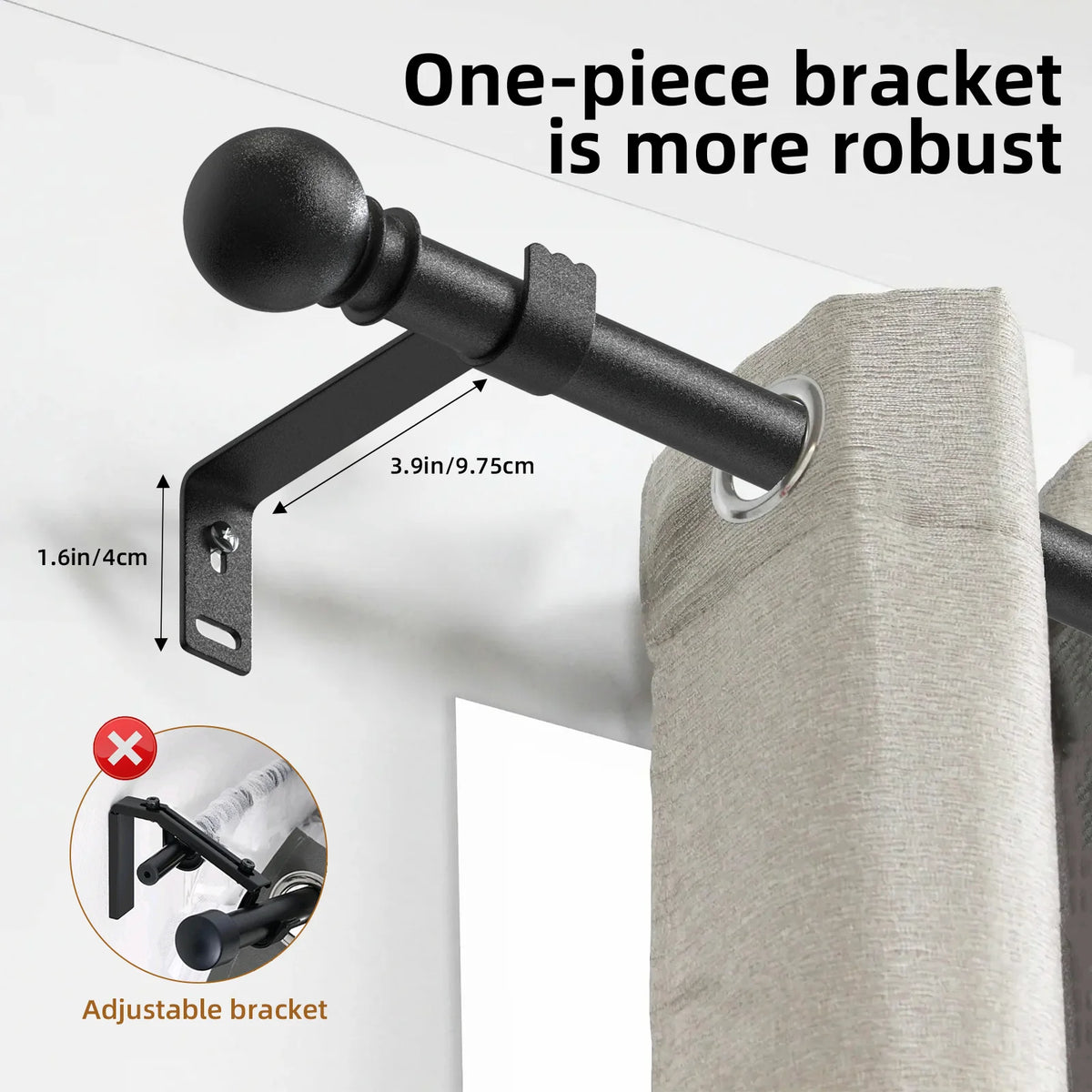 A matte black, one-piece, heavy-duty bracket is shown attached to a curtain rod, emphasizing its robustness.