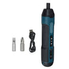 A black and teal mini cordless electric screwdriver set with a coiled black cable.