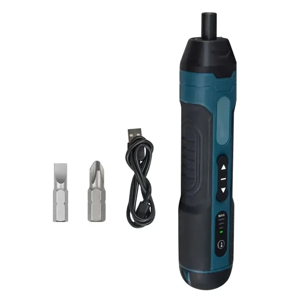 A black and teal mini cordless electric screwdriver set with a coiled black cable.